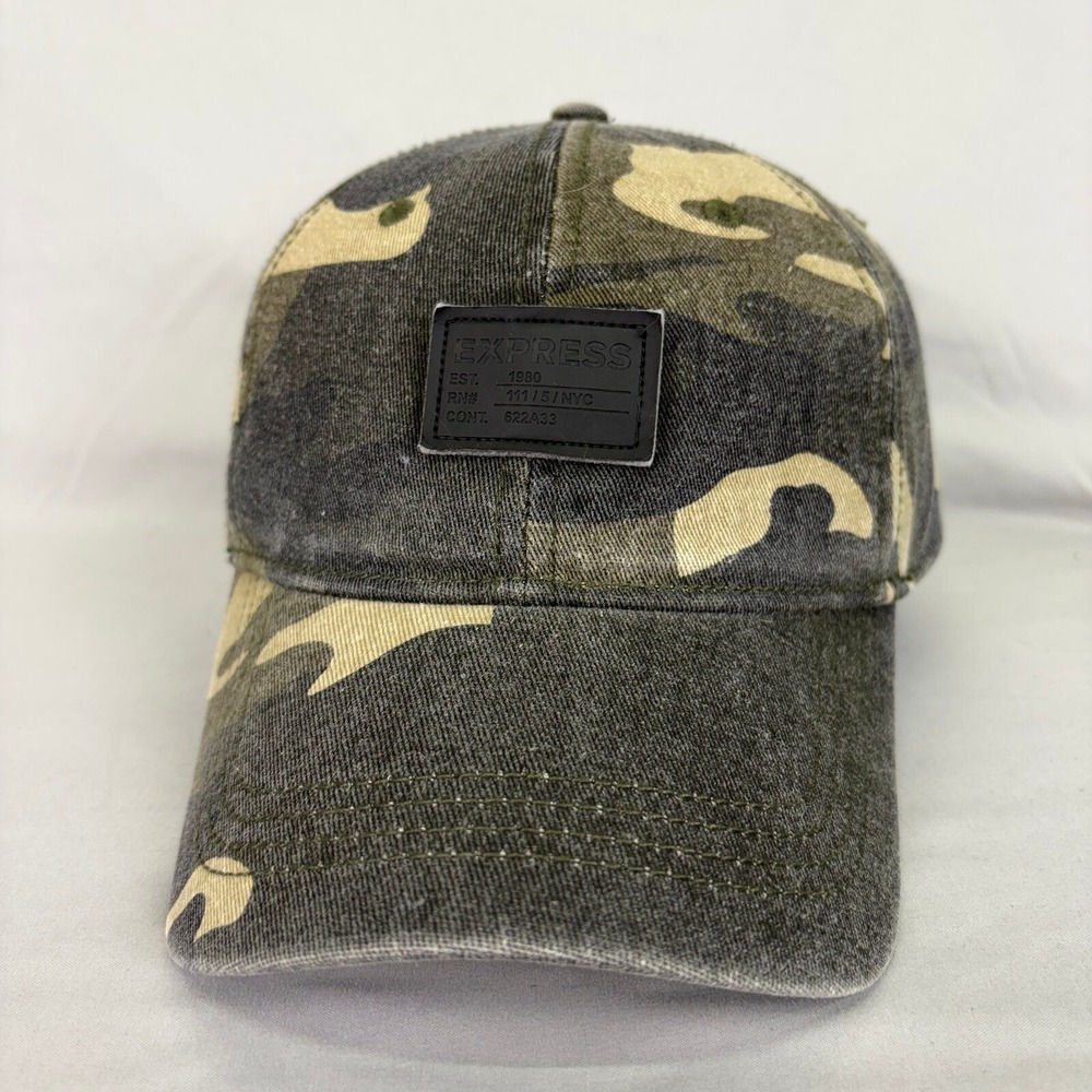Express Baseball Cap Camo Men OS Green Camouflage Faux Leather Patch Hat
